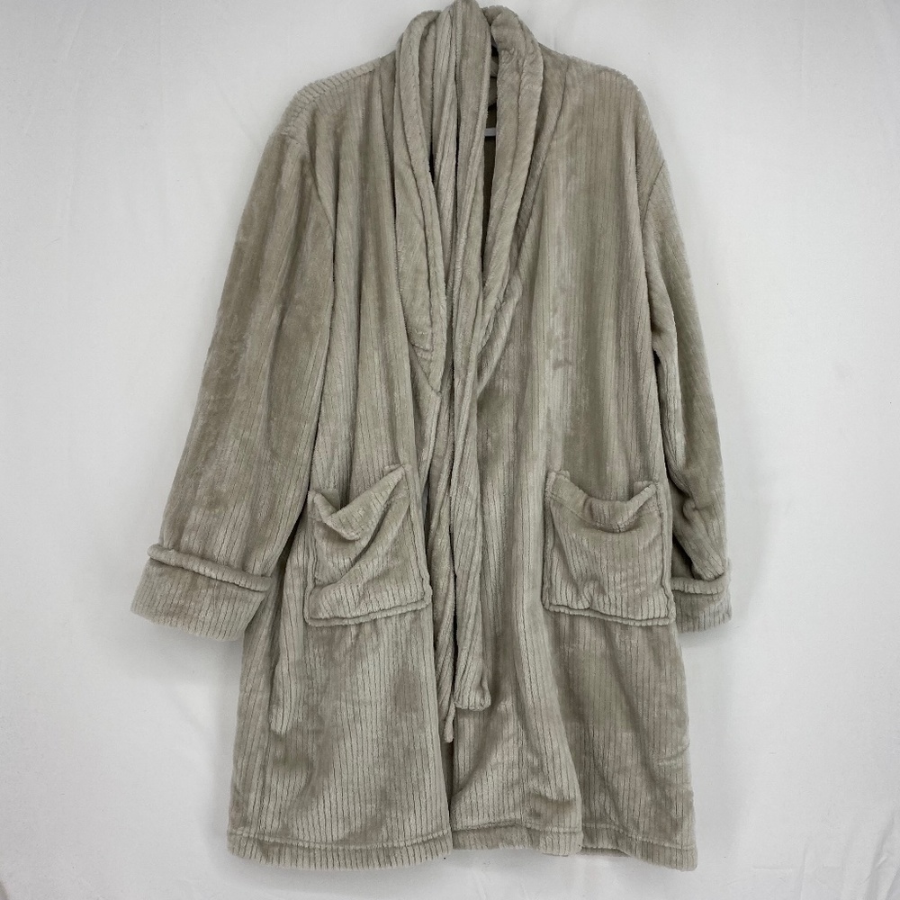 Etre Womens One Size Fits Most Bathrobe Pale Taupe Fleece Matching Belt Pockets